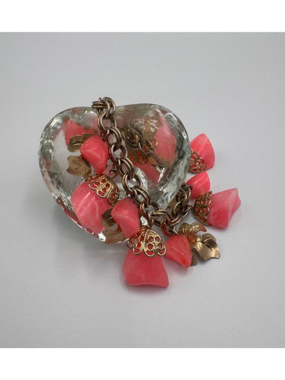 Vintage Pink Acrylic Charm Bracelet Gold Tone Leaves Chunky 6.5”